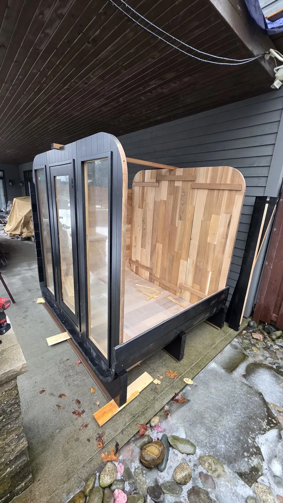 Backyard sauna under the covered patio — work in progress (2)