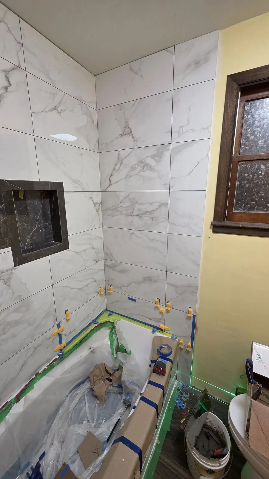 Bathroom remodel: tub surround, niches and hex accent — work in progress (14)
